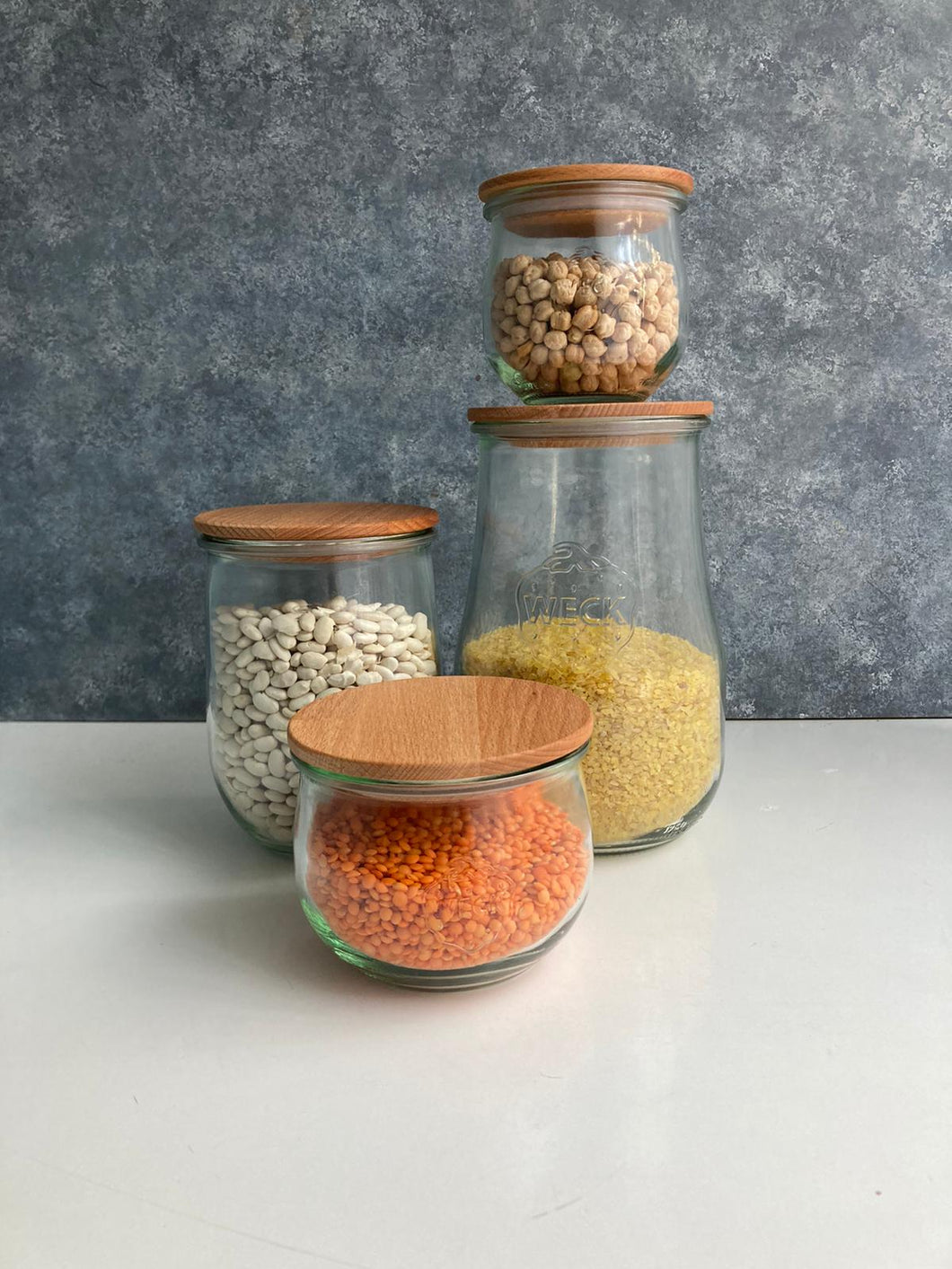 Weck Lale Mix Ahşap Kapak Saklama Kavanoz Set ( 1700 Ml , 1062 Ml , 580 Ml , 370 Ml )