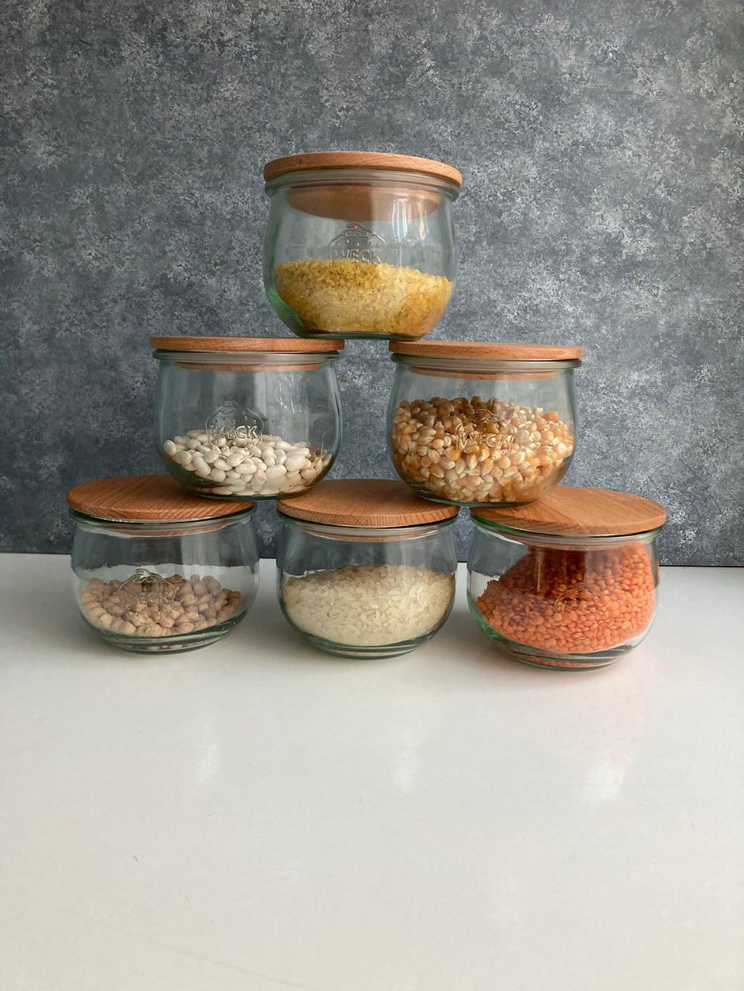 Weck 580 ml  Ahşap Kapaklı Lale Saklama Kavanoz Set ( 6 Adet )